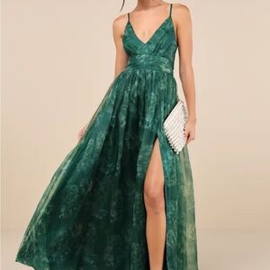 Lulu's Green Maxi Dress with Slit and Spaghetti Straps